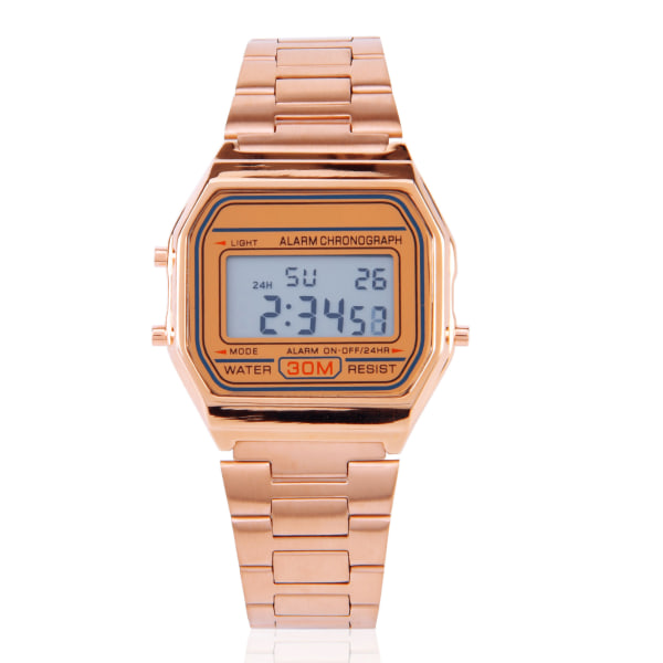 Digital LED-baggrundslys Elektronisk ur med rem i rustfrit stål Rektangelarmbåndsur (roseguld) Rose Gold