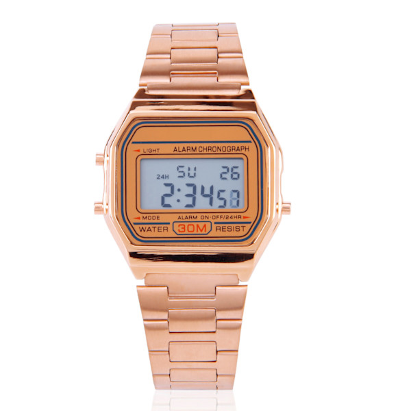 Digital LED-baggrundslys Elektronisk ur med rem i rustfrit stål Rektangelarmbåndsur (roseguld) Rose Gold