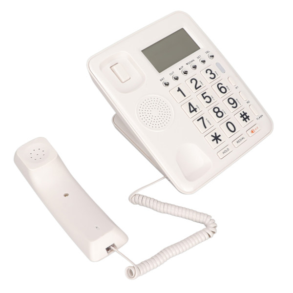 Kiinteä puhelin, jossa on puhelintunnistus, handsfree-toiminto ja sininen näyttö, sopii kotiin ja toimistoon, valkoinen