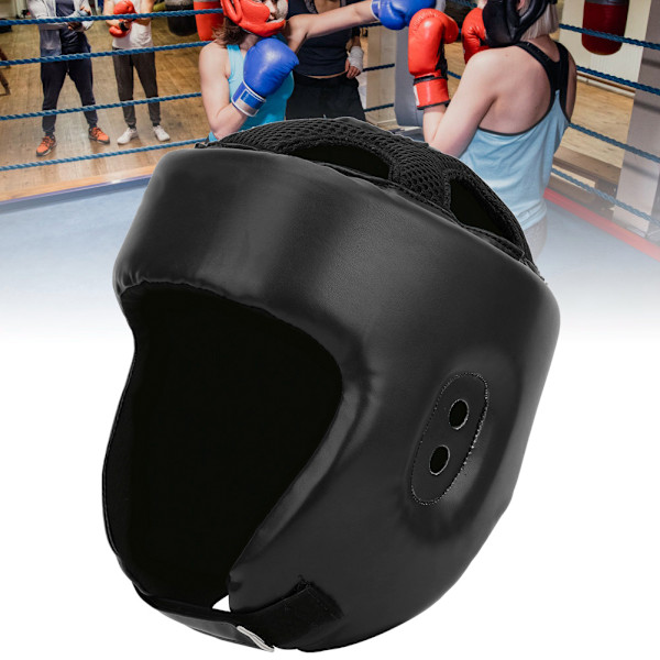 Boxningshjälm PU Läder Justerbart Huvudskydd Sanda Kickboxning TräningsförsvarSvart Stor Storlek