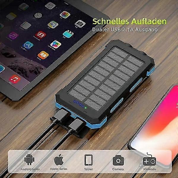 Aurinkovoimapankki, 20000mah vedenpitävä aurinkolaturi ulkoinen USB-akku 2 ulostulolla tableteille ja muille, taskulampulla ja kompassilla June 6.15
