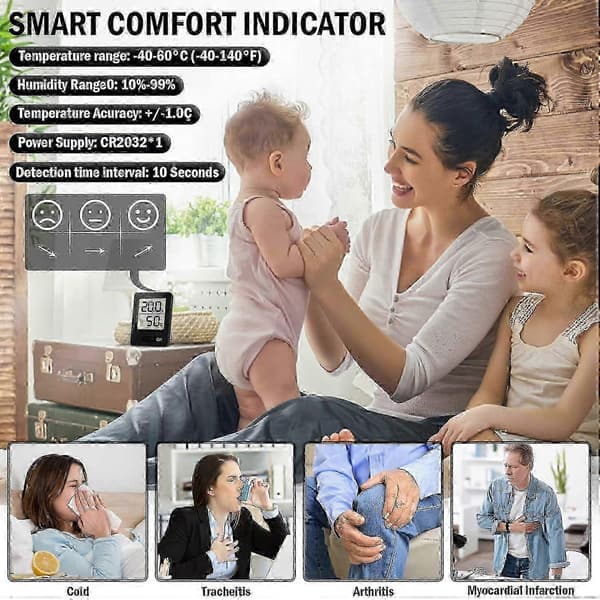 Digitalt rumstermometer hygrometer med komfortindikator, temperatur- og luftfugtighedsmåler til hjemmekontor, sort
