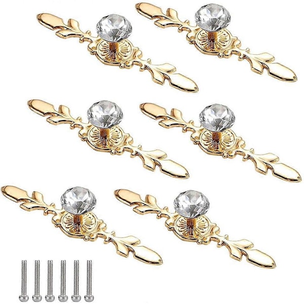 6 Stk. Diamant Dørknop Guld Krystal Dørknapper Skabsknop Diamant Skabshåndtag Diamant Krystal Knapper til Boligindretning med Skruer, 120 mm