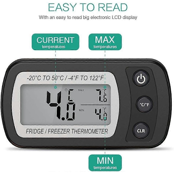 Digitalt Køleskabstermometer, Vandtæt Frysetermometer med Krog, Letlæseligt LCD-Display, Max