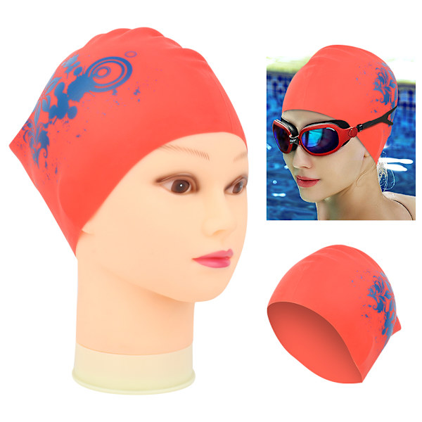 Unisex Badehhette Langt Hår Silikon Badehhette med Moderne Trykk (Rød)
