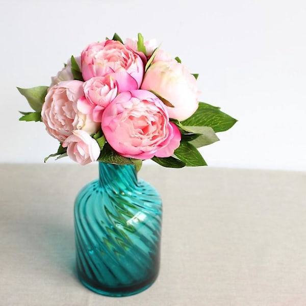 32cm Peonbukett - Kunstige silkeblomster - 9 Blomster (Lys Rosa)