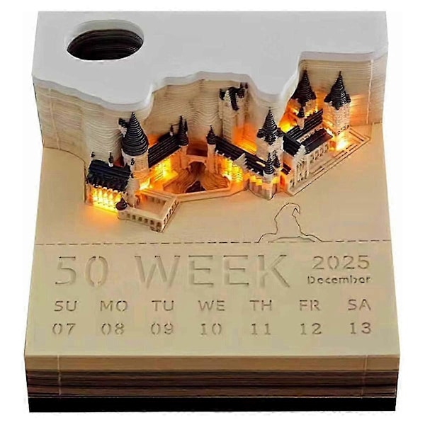 Time Piece Kalender, 2025 Bordkalender Memoblok, 3D Magic Castle Time Piece Notesblok med Lys