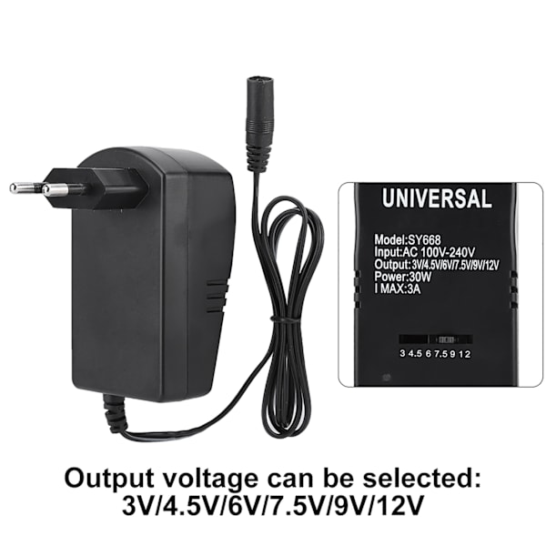 Universal 30W 3V-12V justerbar spændingsstrømadapter med 6 stik (EU-stik 100-240V)