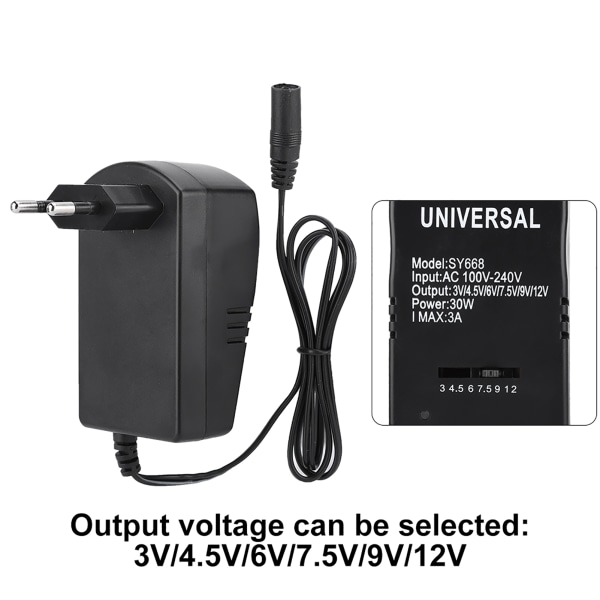 Universal 30W 3V-12V justerbar spenningsstrømadapter med 6 kontakter (EU-plugg 100-240V)