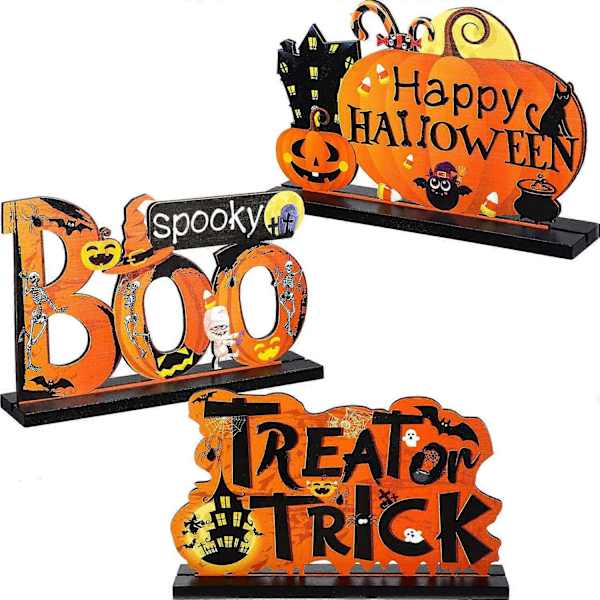 3 Happy Halloween Borddekorasjoner, Gresskar Bordpynt Boo Skilt Tre Candy Day for Halloween Fest Middag Kaffebord Topper Tier Tray Roo