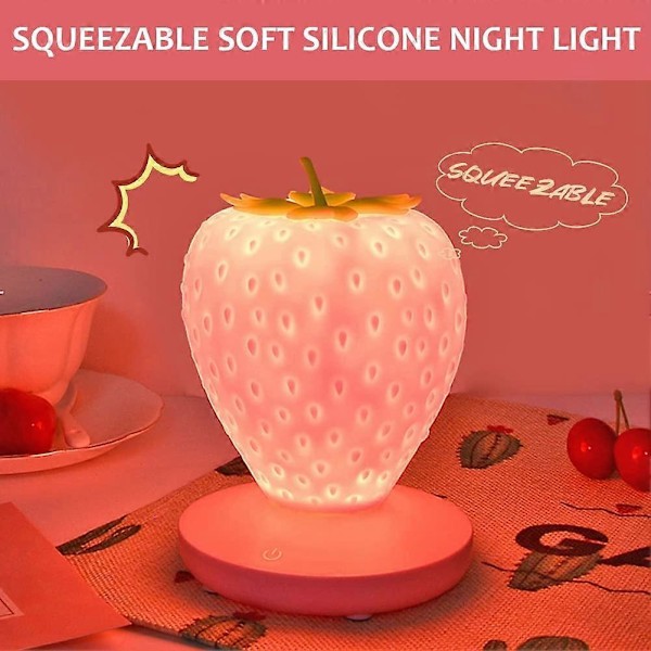 Jordbær Natlampe, Sød Silikone Natlampe, Børne Natlampe, LED Natlampe, Børne Sengelampe, USB Genopladelig, 3 Touch Kontrol Tilstande (Pink