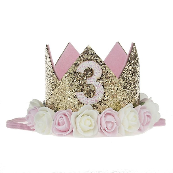 3-årsdagen Princess Crown Party Hat med blinkende mynt og rosa dekorasjoner for jenter, bursdagsgave