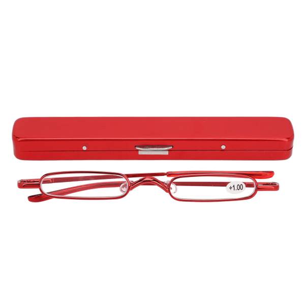 Slanke læsebriller Små bærbare rustfrit stål Metal HD Mini læsebriller til med etui Ældre Mænd Kvinder Rød +100