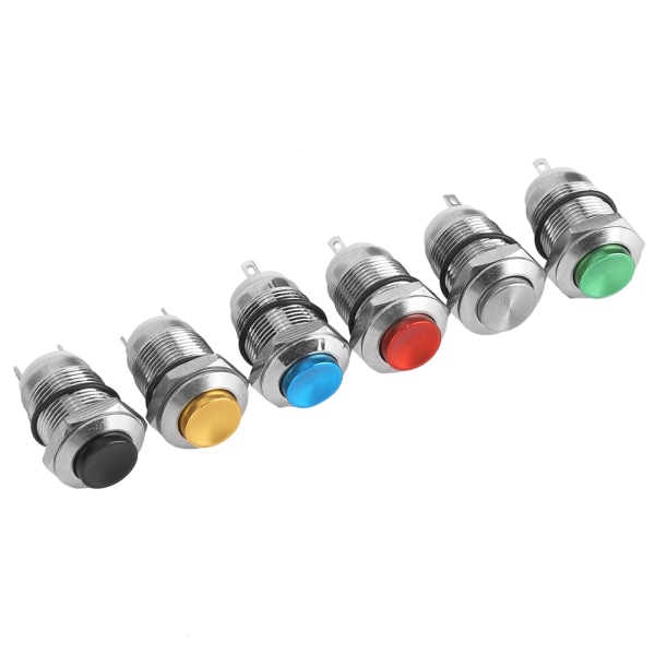 6 stk metallknappbryter 2 pinner IP67 vanntett tilbakestilling uten lys 12 mm (rød, grønn, gul, blå, svart, metallisk)