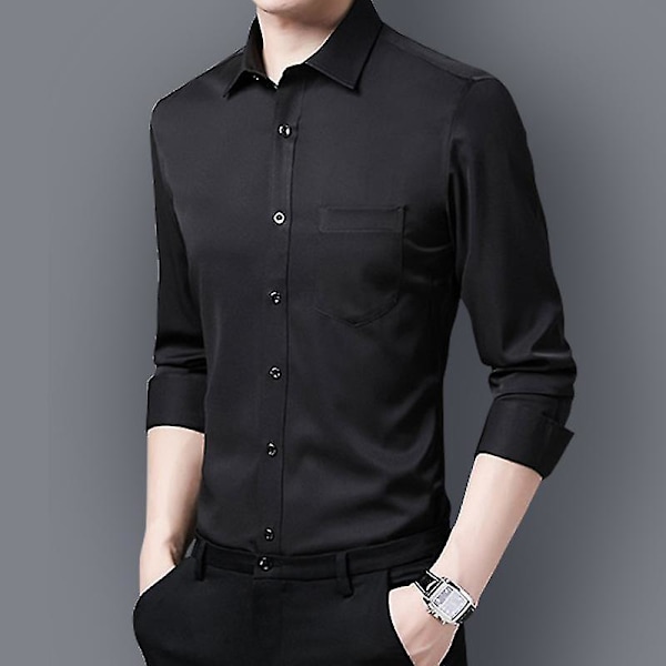 Herrkläder, Casual Slim Fit Svart Långärmad Knappskjorta