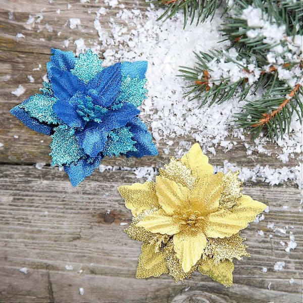 Sæt med 12 Kunstige Julestjerner til Dobbelt Lag Glitter Juletræspynt med Guld