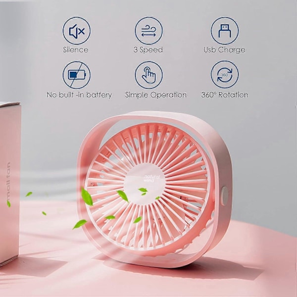 USB-tuuletin, pieni kannettava tuuletin, hiljainen tuuletin, pöytätuuletin, 3 säädettävää nopeutta, USB-virta, kotiin ja toimistoon (Pinkki)