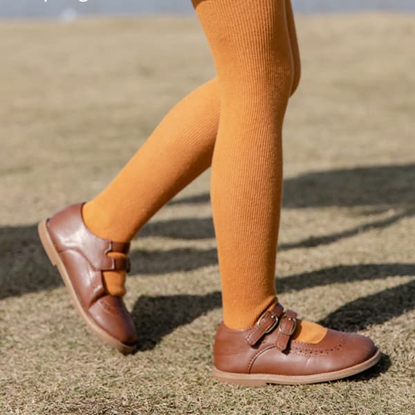 Børneleggings med fødder, bløde, varme, moderigtige strømpebukser til børn til forår og efterår, orange gul L, højde 35,4-41,3 tommer, egnet til 2-4 år