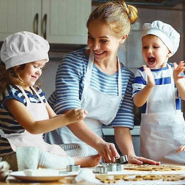 12 osaa Esiliina ja kokkihattu taskuilla (valkoinen, sopii 2-6 vuotiaille S) lasten kokkihattu ja esiliina