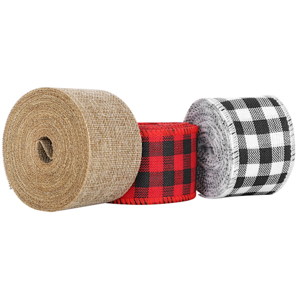 3 rullar julhantverksband svart röd svart vit jute DIY bågmaterial presentförpackning (5 cm)