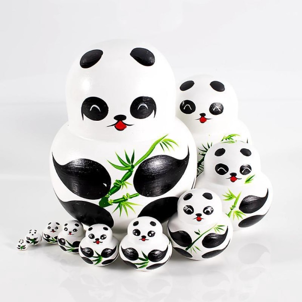 Russisk Matryoshka Nesting Dolls Set - Håndlavet 10-delt pandaserie i malet træ - Traditionelle russiske dukker til gaver og legetøj