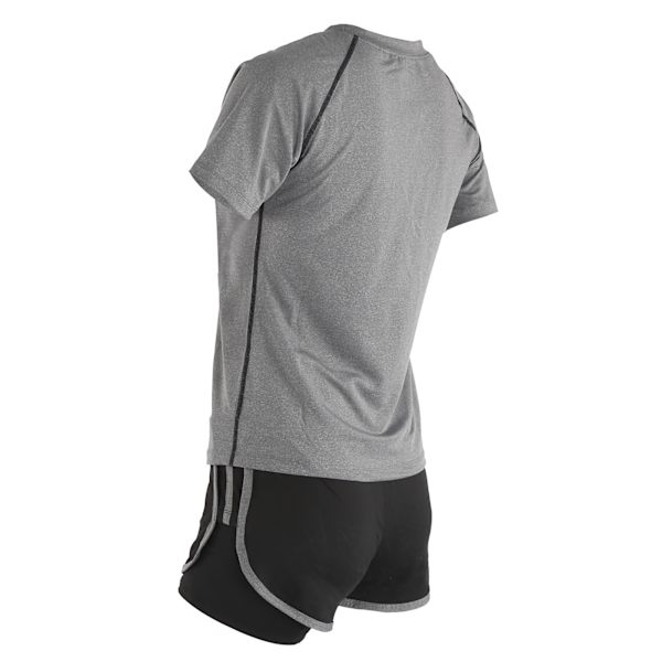 Dam sommar casual 2-delad kortärmad outfit set träningskläder fitness kläder set grå kortärmad + svart grå hög midja shorts L
