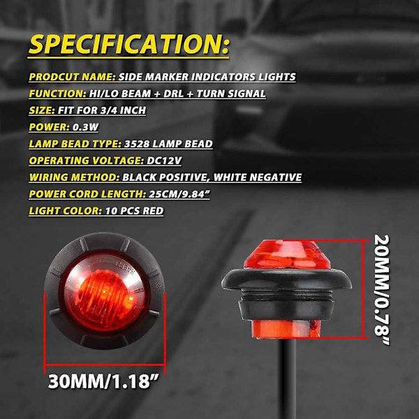 3/4 pyöreä LED edessä oleva takasivumerkkivalo vedenpitävä 12V merkkilamppu kuorma-autolle (10 kpl punainen)