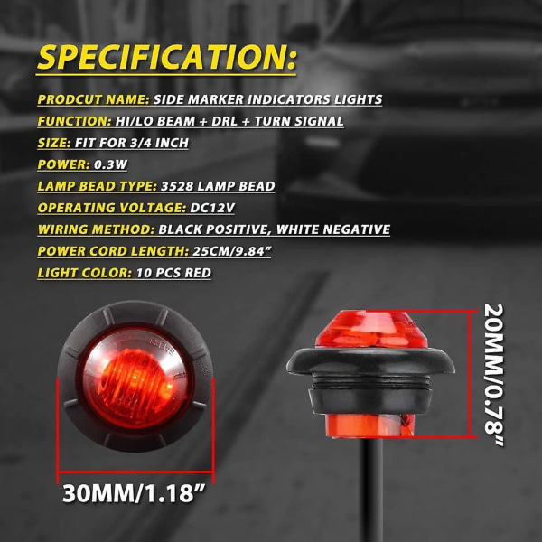 3/4 rund LED foran bakside markeringslys Vanntett markeringslampe 12V for lastebil (10 stk rød)