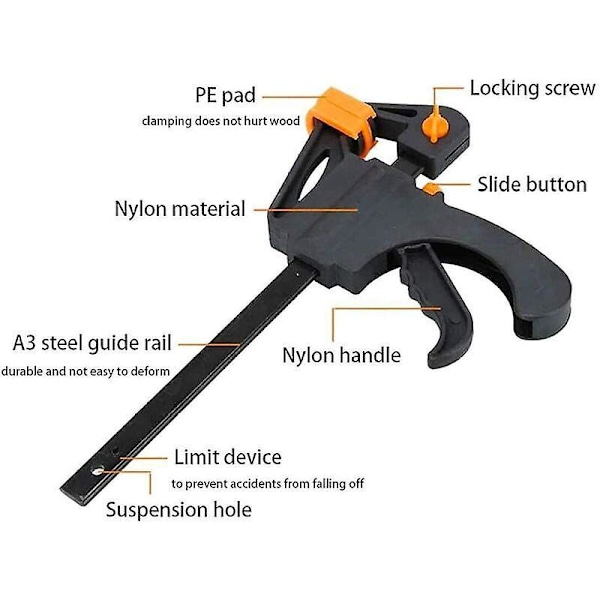 4-pack 10 cm Spärrklämmor Enhands, F-formad Trä, Snabbfäste, Idealisk för Snabba och Enkla Klämmapplikationer