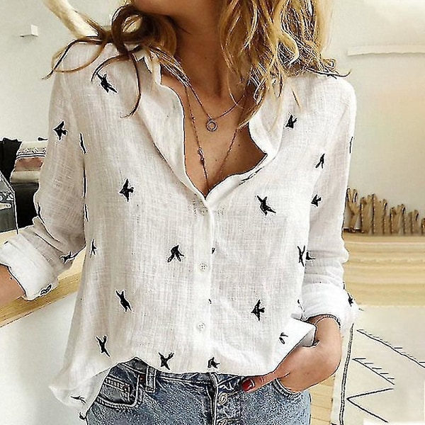 Birds Print Women's Loose Cotton Long Sleeve Shirt - White XXL