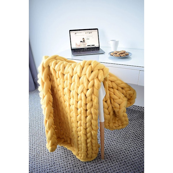 Tyk Strikket Merino Uld Tæppe - Boho Soveværelse Dekoration - 100x130cm Gul