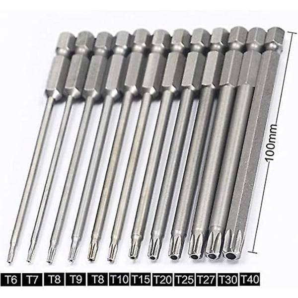 Sett med 11 lange Torx-bits for skrutrekkere og elektriske skrutrekkere - 1/4\" sekskantfeste - Størrelser T6 til T40 - Lengde 100 mm
