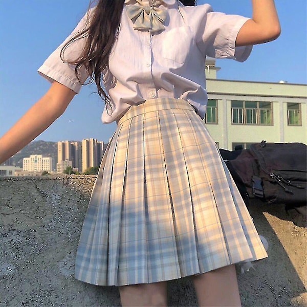 Embroidered Shirt and Pleated Skirt Full Set for JK Uniform M Lemon Sea Salt