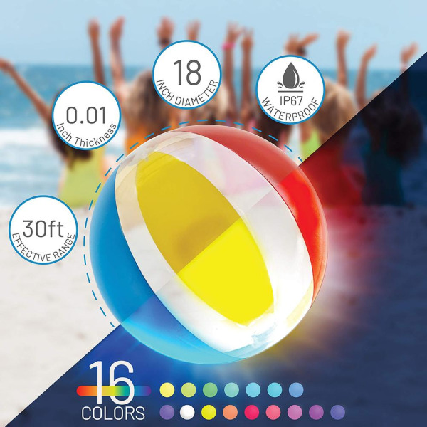 Ilmatäytteiset LED-valaisimet Beach Ball -kaukosäädin, 16 vaaleaa väriä palloallaspelit aikuisille, lapsille ranta-allasjuhliin