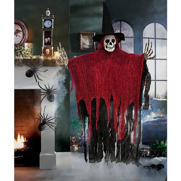 2 Pak Halloween Hængende Skelet Spøgelsesdekorationer 116 cm Skræmmende Grim Reapers med Hat til Halloween Indendørs Udendørs Dekorationer Spøgelseshus Kranie Spøgelser