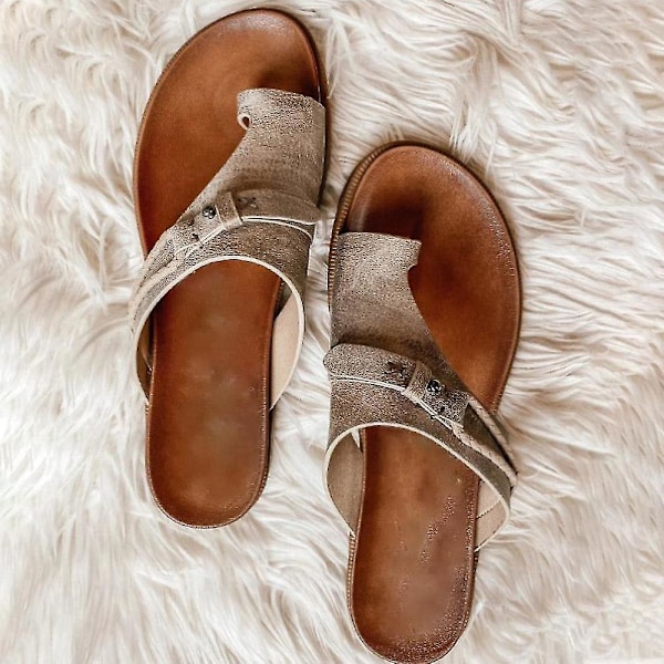 Ortopediske Hæl- og Bunions-Korrigerende Grå Flatsandaler for Kvinner