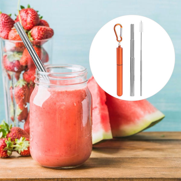 Bärbar rostfritt stål hopfällbart sugrör återanvändbart sugrör rengöringsborste kit för picknick orange