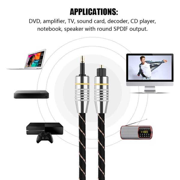 Toslink til Mini Plugg 3.5mm Optisk Fiber Digital Lydkabel SPDIF Gullbelagt Kontakt 2m 2m