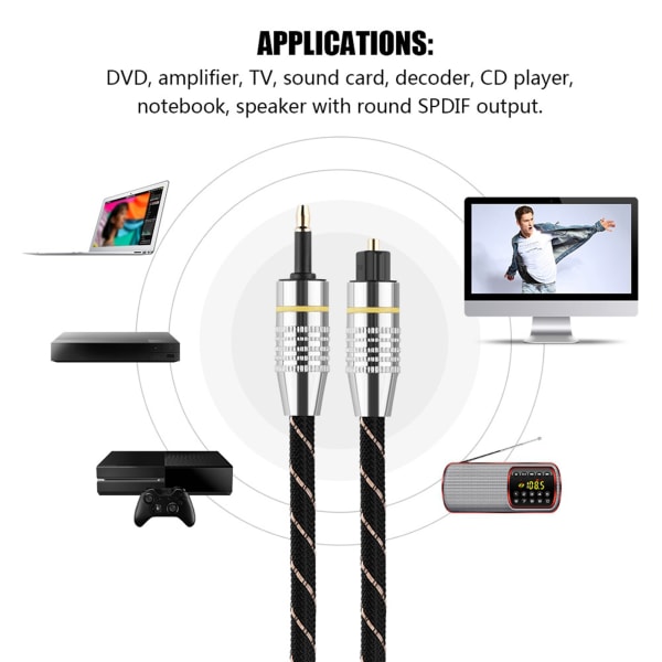 Toslink till miniplugg 3,5 mm optisk fiber digital ljudkabel SPDIF guldpläterad kontakt 2 m 2m