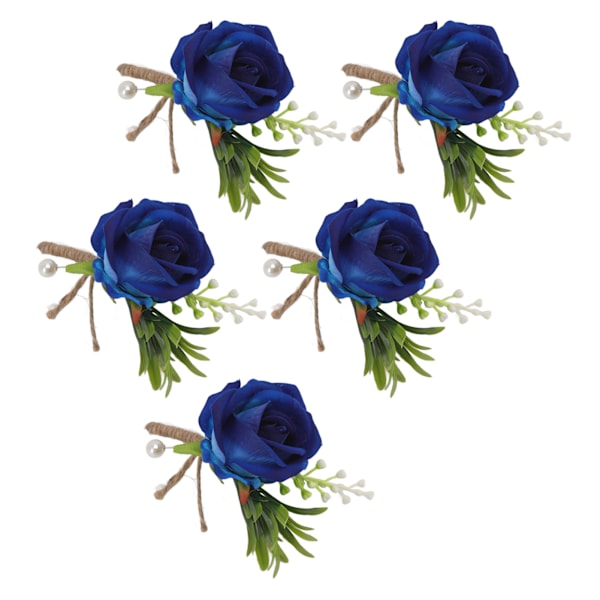 5 stk bryllupsknapphullsbrosje med fast nål i plast, kunstig blomsterkorsasj for brud og brudgom, blå
