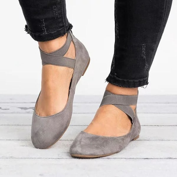 Grey Ballet Ankle Cross Strap Dance Pumps Sandals Low Heel Zipper Shoes - Size 40