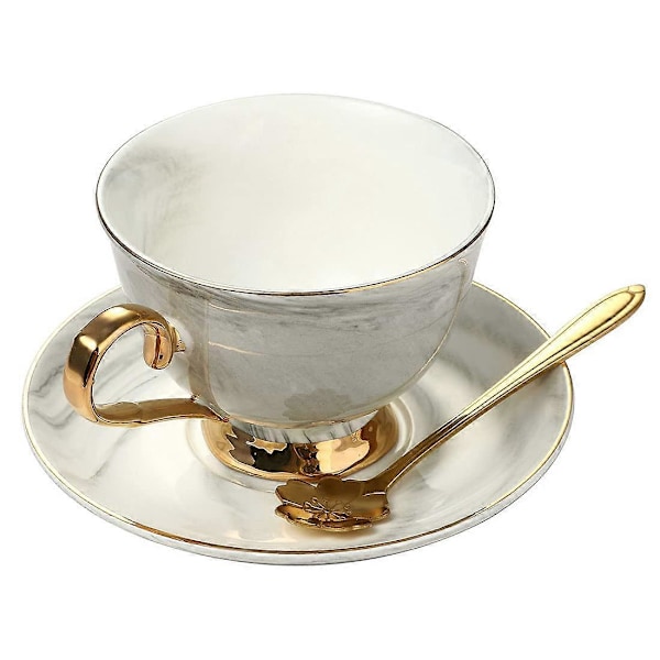 Marmor Keramisk Kop og Underkop Sæt Kamelia Mønstret Benporcelæn Kaffekrus Tekop Guld Kant med Kaffekop, Underkop og Ske, 200ml, Grå