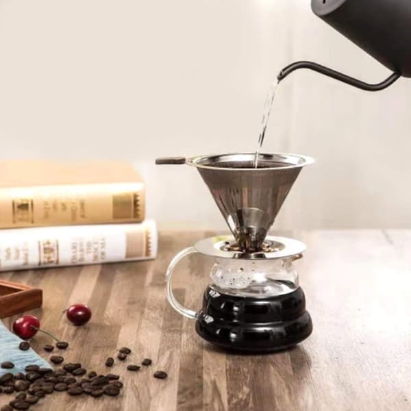 Kaffedrypper i rustfritt stål, gjenbrukbar kaffefilter med stativ, konisk drypper
