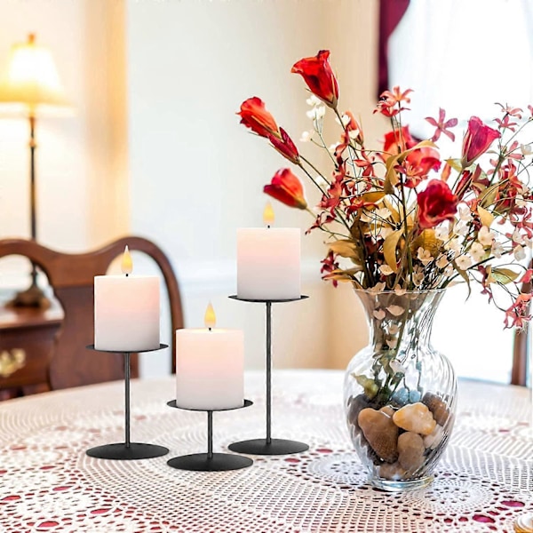 Ljusstakar Set om 3, Centerpieces Platta för Bord eller Öppen Spis med Svart Metalljärn