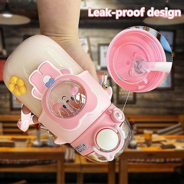 Kawaii Björn Vattenflaska, 720ml Söt Drickflaska med Sugrör, Plast Vattenflaska (Rosa)