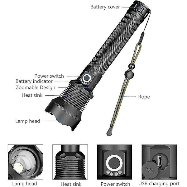 LED Ficklampa, 90000 Lumen XHP70 Ultra Kraftfull Justerbar Zoombar Vattentät Ficklampa, USB Uppladdningsbar Ficklampa, Innehåller 2 18650 hög c