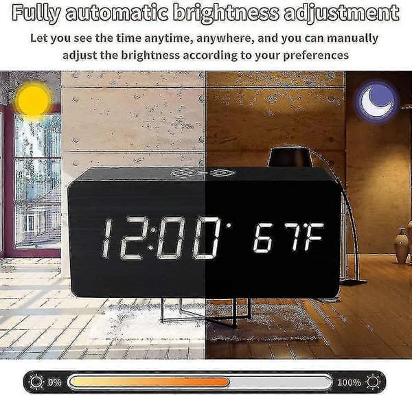 Multifunctional LED Digital Electronic Alarm Clock Desk Charging Clock Wireless Charging Digital Wooden Clock yellow