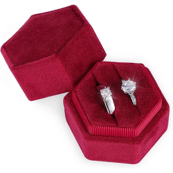 Sammet Ringask, för Smycken Dubbla Fack Hexagon Ringask för Förlovning Bröllop Alla Hjärtans Dag Håller 2 Ringar (Vinröd)