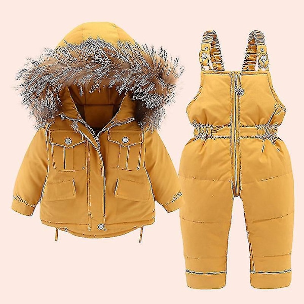 Barnens gula dunjacka och byxor set med huva, vinter skiddräkt - 110cm