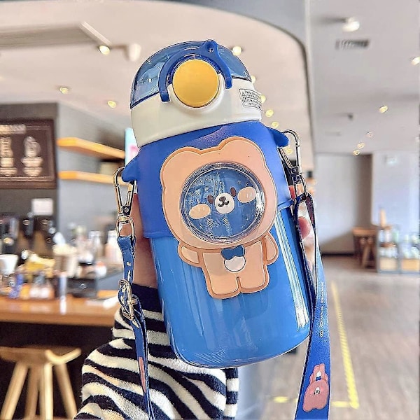 Kawaii Vannflaske med Sugerør, Søte Vannflasker med 3D Kawaii Klistremerke, Rustfritt Stål Vannflaske 600ml (Blå)
